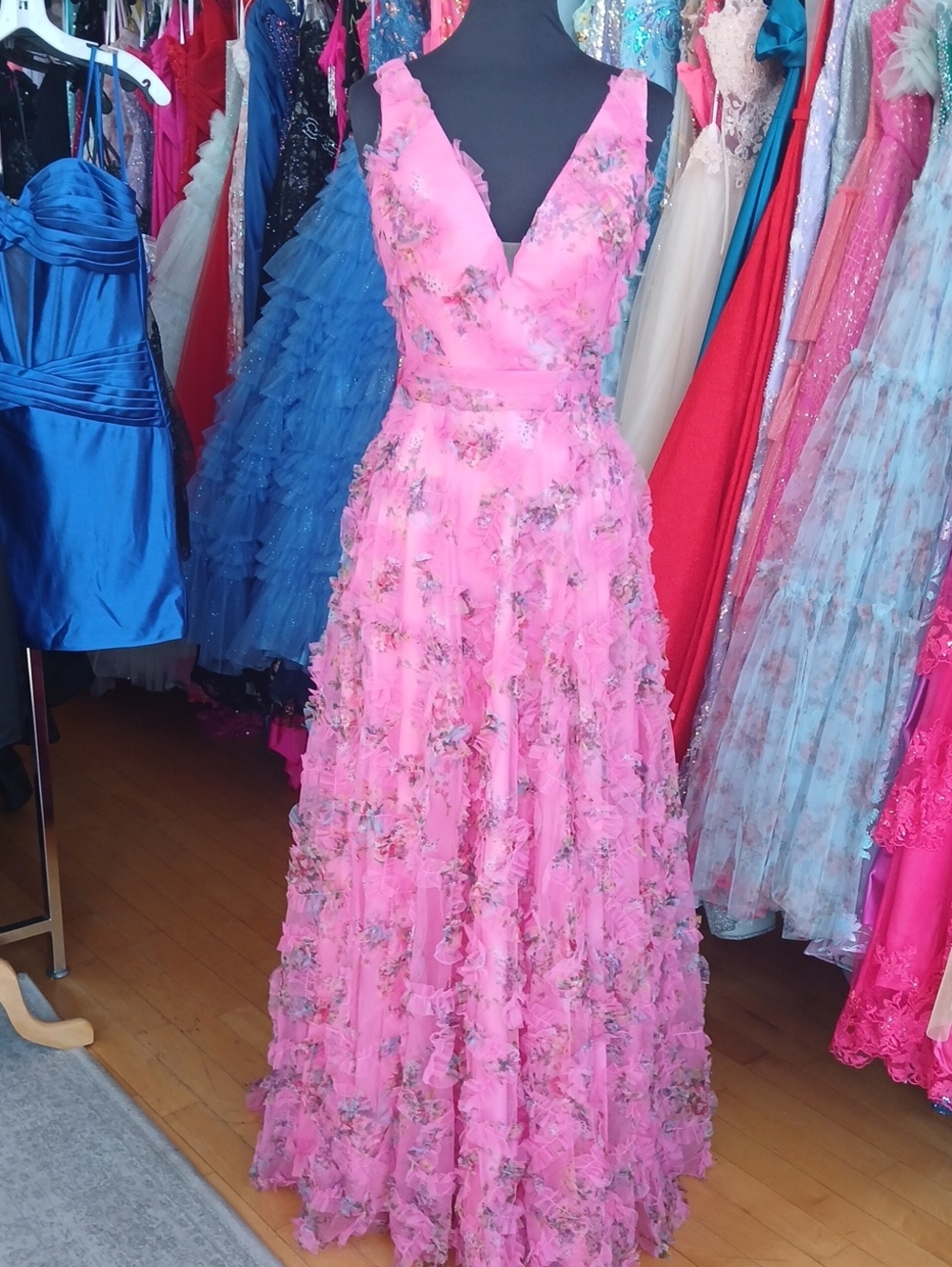 Women’s Pink Floral Ruffled V-Neck Evening Gown